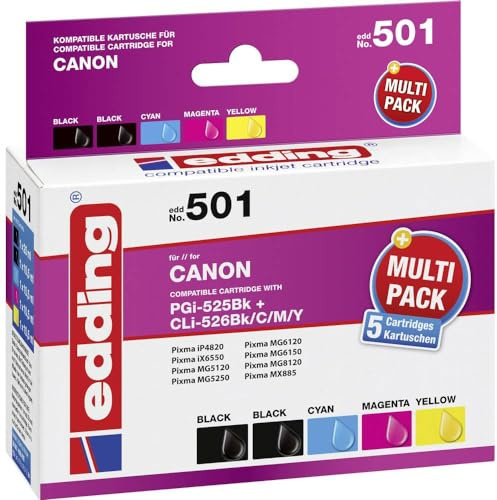 edding Druckerpatrone EDD-501 - Multipack 5-2X Schwarz, Cyan, Magenta, Gelb - 1x 20 ml + 4X 10,5 ml - Reichweite 1x 440 4X 660 Seiten - Ersetzt Canon PGI-525/CLI-526BK/C/M/Y