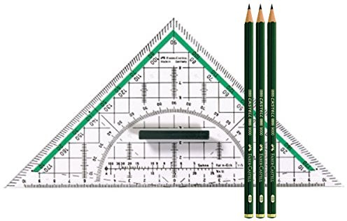 Faber Castell 177090 - Zeichendreieck groß, mit Griff (1, Inkl. 3 Bleistifte [HB] Castell 9000)