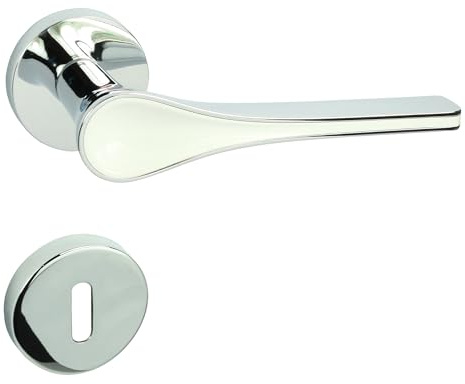 domino Türgriff Drückergarnitur BB-Buntbart Set Rund-Rosette Türklinke für Bürotür, Kellertür & Innentür Türbeschläge aus Znal Chrom/Weiß Türdrückergarnitur POLARIS-R M6/WEIß