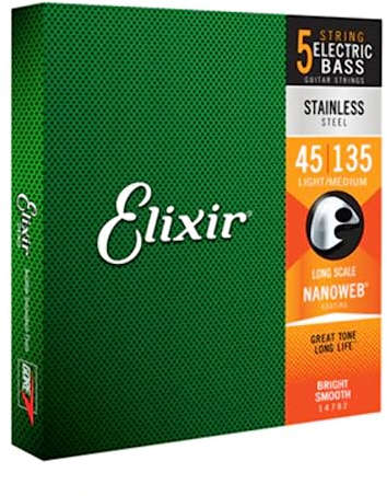 Elixir® Saiten Stainless-Steel 5-str. E-Basssaiten mit NANOWEB® Beschichtung, Long Scale, Light/Medium (.045-.135)