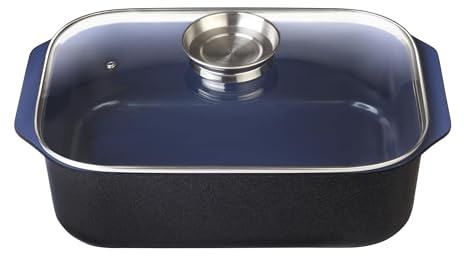 GSW Stahlwaren GmbH Rectangular Roaster with Aroma Knob Glass Lid, 40 x 26 x 11 cm, 8 L, Cast Aluminium, Blue/Black/Clear