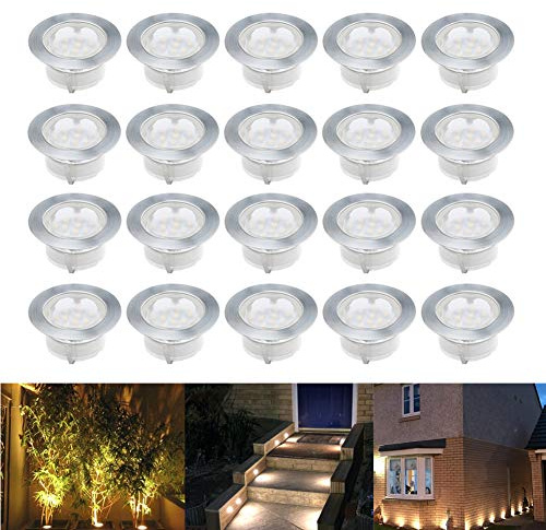 Treppen Bodeneinbaustrahler 20er Set, IP67 Wasserdicht Terrassen Einbaustrahler Ø60mm Aussen LED Bodeneinbauleuchten, DC 12V 1.5W Terassen Küche Garten LED Einbaustrahler, Warmes Weiß