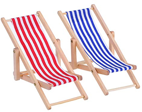Bememo 2 Stück 1:12 Miniatur Faltbarer Hölzerner Strand Stuhl Liegestuhl Mini Möbel Zubehör mit Rot/Blau Streifen für Indoor Outdoor
