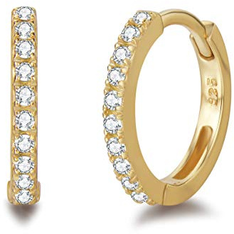 Damen Creolen Ohrringe 925 Sterling Silber Gold Vergoldet mit Zirkonia, Durchmesser: 13 mm
