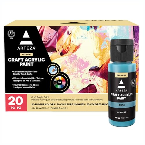 ARTEZA Craft Acrylic Paint, 2 ounce Bottles, Water-Based, Matte Finish Paints, Art Supplies for Glass, Wood, Ceramics, Fabrics, Leather, Paper