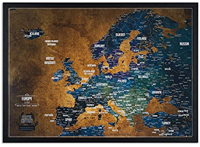 Europakarte Pinnwand mit pins - Reisekarte mit 100 Stecknadeln - Europa Pinnwand Kork - 53x3x43 cm - Gerahmte Karten mit Pinnadeln, Hergestellt in der EU