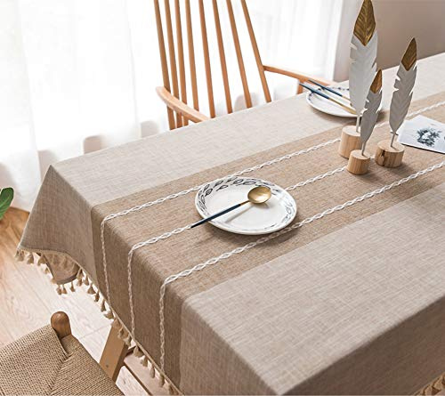 CoutureBridal Beige Nappe Rectangulaire 110x170cm Coton et Lin Nappe de Jardin Pompon Décoration Imperméable Nappe Anti Tache Nappe Cuisine Picnic Partie - Faite à la Main