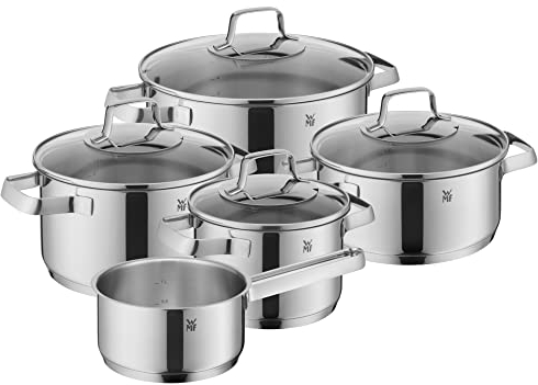 WMF Belmonte - Juego de cacerolas para inducción (5 piezas, con tapa de cristal, acero inoxidable Cromargan pulido, sin revestimiento)