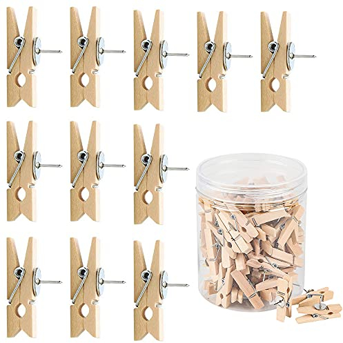 YANJINGHE 50 Stück Holzclip Reißzwecken, Holzfarbe, Rustikal & Unique, Metall + Holz, Clip Pin, Stecknadeln, Korkplatten, Anschlagtafel, Fotowand