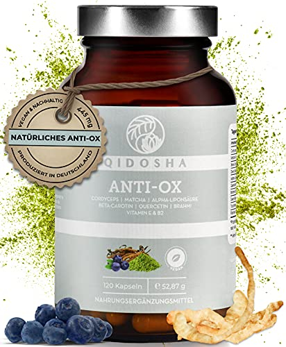 QIDOSHA® ANTI-OX Komplex ², TESTSIEGER 01/2024*, mit Cordyceps sinensis Extrakt, R-Alpha-Liponsäure, Quercetin, Brahmi-Extrakt, Beta-Carotin sowie den Vitaminen C, E und B2