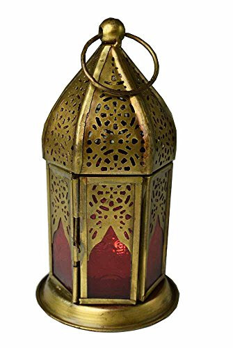 Osiris Trading UK Laterne im marokkanischen Stil, Messing-Laterne, antikes rotes Glas, Teelichthalter, Heimdekoration
