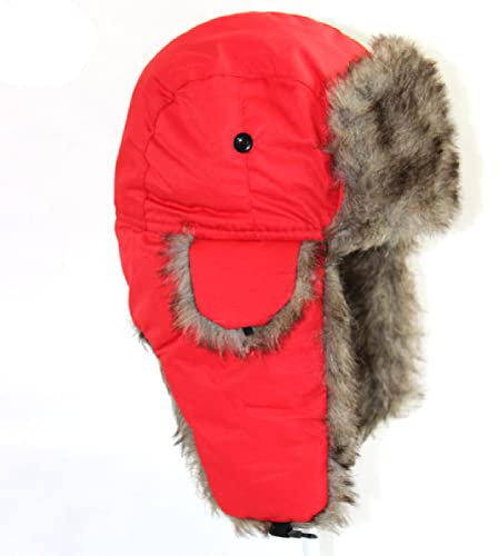 Ciamlir Russische Mütze Wintermütze Warm Halten Unisex Winter Trapper Aviator Trooper Ohrenklappe Russische Ski-Uschanka-Mütze Bomber Kunstpelzmützen,Rot,50-60Cm