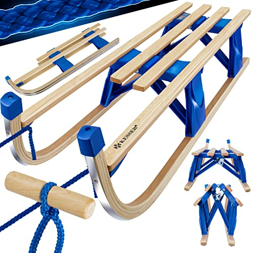 KESSER® Holzschlitten 110 cm Davoser Rodel Faltbar & Klappbar, Kinderschlitten; Premium Holz-Schlitten aus Buchenholz, Klappschlitten, Metall Kufen, Optional mit Lehne, Geschenk, Buche/Blau