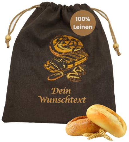 FLOCKex* Personalisierter Brotbeutel aus 100% Leinen | Handgefertigt in Deutschland | Nachhaltige Brotaufbewahrung | Atmungsaktiv, antibakteriell, waschbar (braun, 3-4 Brötchen)