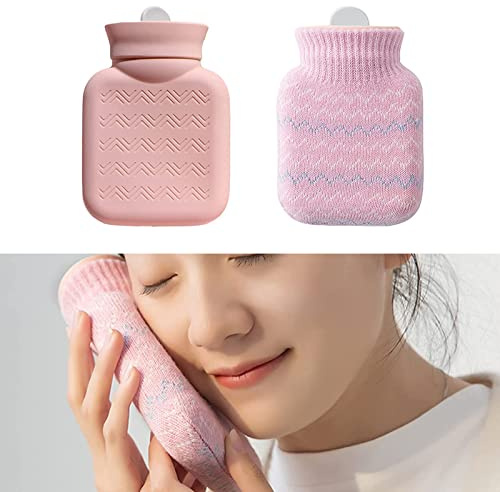 Mini Silikon Wärmflasche, Wärmflaschen mit Strickbezug, Wassereinspritzung Handwärmer, Schnelle Schmerzlinderung und Komfort Hot Water Bottle für Kinder & Erwachsene Winterheizung (Rosa)
