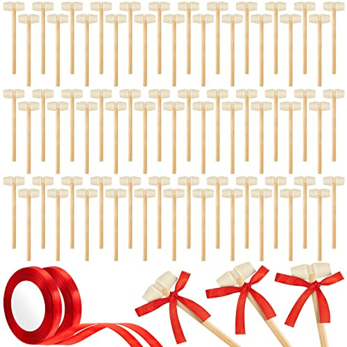 Deekin 75 Pcs Wooden Hammer Bulk for Chocolate Valentine's Day Breakable Heart Hammer with 2 Rolls Red Ribbons Mini Wooden Tiny Mallet for Party Props Crafts