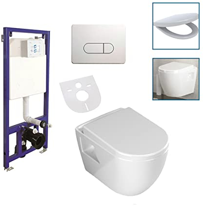 Aloni Hänge-WC Komplettset, ohne Bidet, wandhängend, glatte Sanitärkeramik, Vorwandelement 3/6 L, Tanktiefe 80 mm, Softclose Duroplast, Betätigungsplatte, leise Technik, zuverlässige Montage, Weiß
