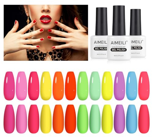 AIMEILI Neon Gel Nagellack Set 12 Farben 8ml Frühling Sommer LED UV Nagellack Neon Pink Rot Gelb Orange Grün Soak Off Gel Nail Polish Gift Kit 26