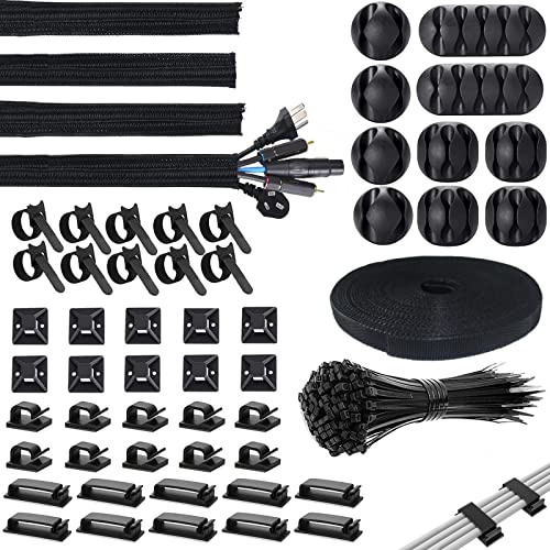 155 Pezzi Kit di Organizzatore di Cavi, 10 Pezzi + 1 Rotolo Fascette Riutilizzabili, 4 Copri Cavi, 100 Fascette Stringicavo, 10 Supporti per Fascette e 30 Clip per Cavi Adesivo, Cable Management Kit