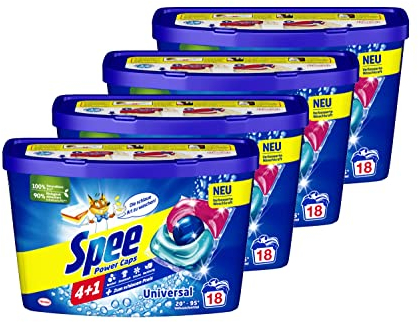 Spee Power Caps Universal 4 + 1 72 WL (4 x 18 Waschladungen), Vollwaschmittel für helle und weiße Wäsche, vordosiertes Waschmittel vereint Reinheit, Strahlkraft, Frische & Nachhaltigkeit