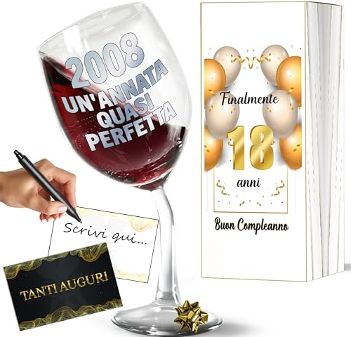 Aurìca Calice Vino Personalizzato 18 ANNI - Bicchiere Piegato Da 440ml In Cristallino Per Compleanno 18 Anni Ragazza E Ragazzo, Scatola Regalo Inclusa - Regalo Originale 2008 Un’Annata Quasi Perfetta