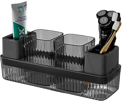 Toothbrush Holder for Bathrooms, 2 Cups Toothbrush Organizer for Bathroom Countertop, Toothbrush Holder Toothbrush Storage for Shower, Tooth Brushing Holder Cup Tray and Toothpaste Caddy Black