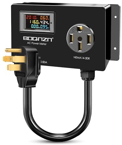50A AC Power Meter, 240V NEMA 14-50P to NEMA 14-50R LCD Display Digital Multimeter Tester with 1.3FT 10AWG Cable, Multifunction Energy Monitor Voltage Current Frequency Power Factor Outlet Monitor