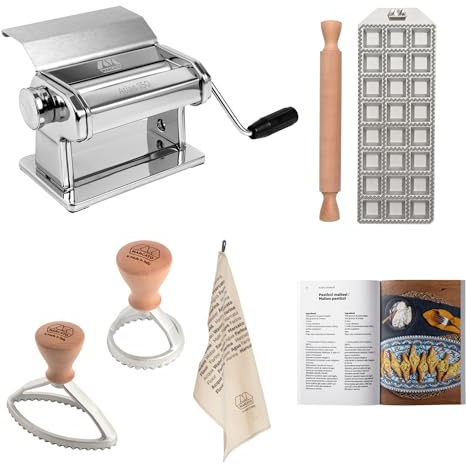 Nudel- und Ravioli-Vorbereitungsset, Atlas 150 Slide Nudelmaschine + Stempel für 24 quadratische Ravioli mit 35 mm + Nudelholz + Runder Stempel + Ovaler Stempel + Geschirrtuch + Rezeptbuch.