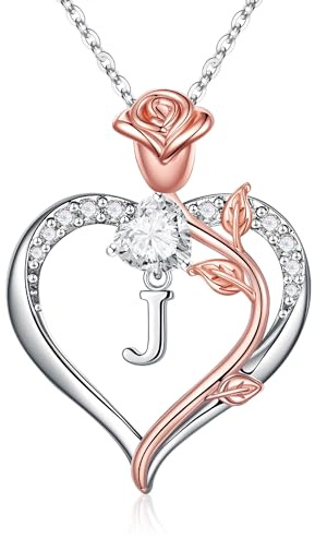 TINGN Rose Heart Necklaces for Women Jewelry, Letter J Initial Necklaces Jewelry for Teen Girls Mom Gifts Girlfriend Necklace Anniversary Birthday Gifts for Wife Her Sister Bridesmaid Proposal Gifts