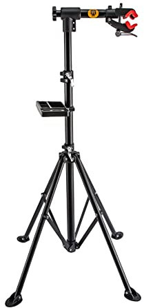 Jolre Support de montage pour vélo - Support de réparation professionnel - Avec trépied - Avec plateau à outils - Pliable - Hauteur réglable - Noir et rouge