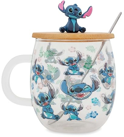 Disney Lilo & Stitch Expressions Tasse en verre avec couvercle et cuillère Capacité 500 ml