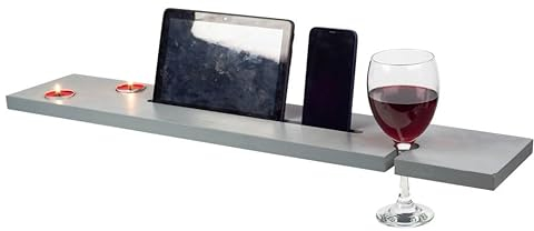 URBNLIVING Grey Wood Bath Tub Rack Caddy Bathroom Shelf Wine Glass Tablet Tea Light Holder Stylish and Functional Bathroom Shelf
