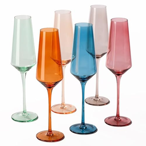 comfit Colored Champagne Flutes Set of 6, Large 8.5 Oz Hand Blown Crystal Glasses-Color Champagne Glass -Classy Champagne Flutes - Great for All Occasions