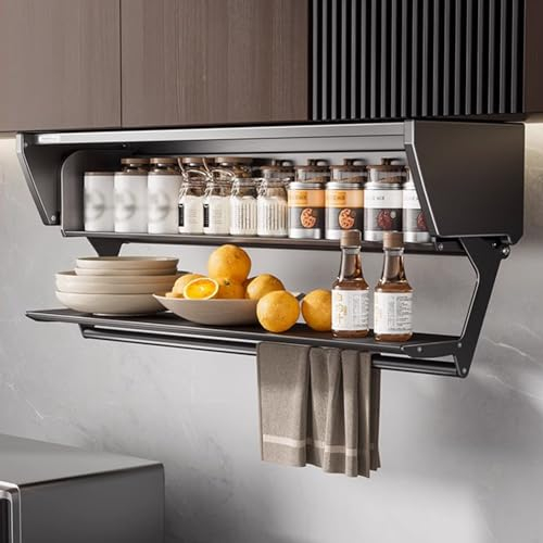 Ausziehbares Küchenregal, zweistufiger, wandmontierter Vorratsschrank, schwebendes Geschirrregal aus Aluminium, platzsparende Platte für Küchengeräte, Lift-Oberschrank (Farbe: Schwarz, Größe
