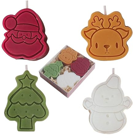 PLUSHCEWT 4 PZ Candele Profumate di Natale Candele Fatte A Mano Regali Set per Natale Casa Decorativo Pupazzo di Neve Alce Albero di Natale Babbo Natale A Forma, Fresia e Pera