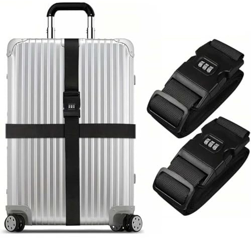 Koffergurte 2 Stück, Verstellbar Koffergurt, 5 * 200cm Koffergurt Mit Zahlenschloss, Kofferbänder, Kofferband für Koffer Gepäck Reisetasche(Schwarz)