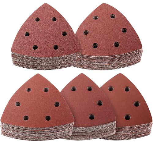 PMIQSA 100 Stück Deltaschleifer Schleifpapier Dreieckschleifer 93x93x93mm Schleifblätter Klett Schleifdreiecke 40/80/120/240/400 Körnung für Deltaschleifer Schleifpapier für Holz Metall