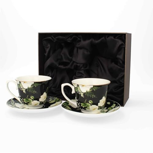 LIVELLO Set aus 2 Porzellantassen mit Untertassen 250 ml Elegante Kaffeetassen im Geschenkset Kaffebecher Kaffe-Tasse Porzellan Pott Tee Küche Restaurant Tassen Becher Perfekt Tee Blumen Schwarz