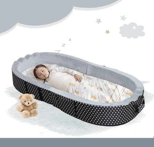 Lit de voyage portable/pliable pour enfant, avec matelas, housse de matelas et drap-housse, idéal pour camping, séjours chez Papi et Mamie.NOUVELLE VERSION, forme Ovale pour un lit plus compact.