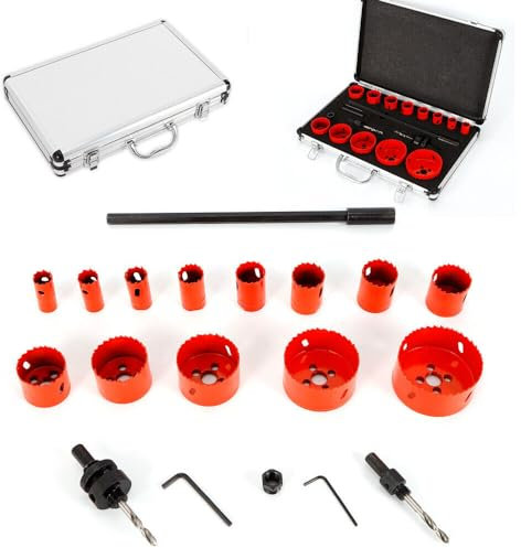 Lot de 17 scies cloches pour bois - 19-76 mm - HSS bi-métal - Scie cloche pour bois - Avec rallonge de 300 mm - Convient pour couper l'acier inoxydable, l'aluminium