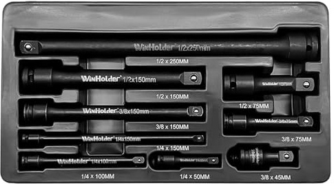 WinHolder Industrial 9pc Pneumatic Impact Extension Bar Set, 1/4, 3/8, 1/2 Mixed Drive Premium Chrome Vanadium Steel with Black Phosphate Finish