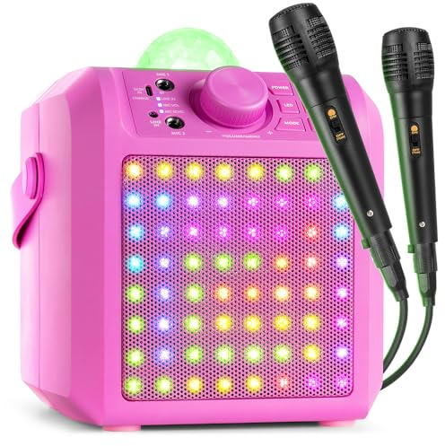 Fenton KAR55P – Musikbox Kinder Karaoke Anlage mit 2 Mikrofonen, Jelly Ball LED-Discolicht, Bluetooth, 10 Std. Akku, 50 Watt Leistung, AUX-Anschluss, Portable Karaoke Maschine Kinder in Pink
