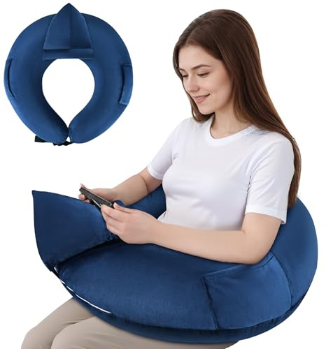 Coussin de lecture pour jeux, accoudoir, coussin de livre, coussin lap en forme de U avec poche latérale pour s'asseoir dans le lit, le canapé/le sol, coussin en crochet avec support pour tablette