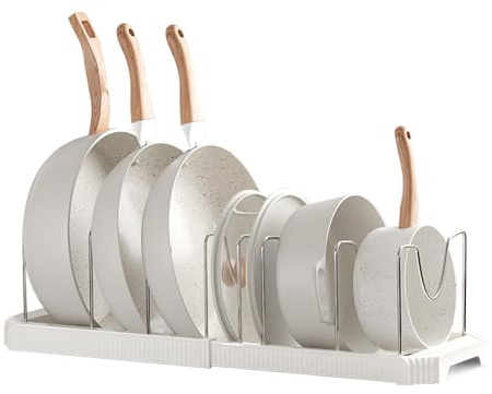 Pan Organiser for Cupboard, Expandable Pan Lid Holder with 7 Adjustable Dividers, Pot Lid Organiser Pan Storage Organizer Rack for Kitchen Cupboard, Space Saving