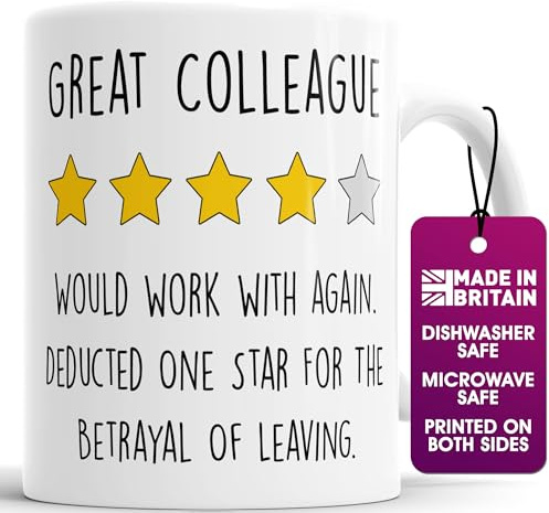 Faithful Prints Funny Coworker Leaving Mug – “Great Colleague, Deducted One Star for Leaving” – Farewell Gift for Colleague, Office Humor Coffee Cup, 11oz Ceramic, Going Away Present​