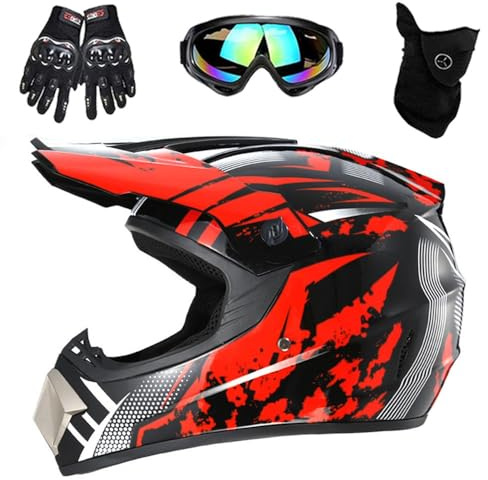 Casco Integrale da Motocross Per Adulti E Bambini, con Occhiali, Guanti E Maschera, Per Moto, Fuoristrada, Enduro, Downhill, Atv, Bmx, Mtb, Omologato DOT(Red Run,L(56-57cm))