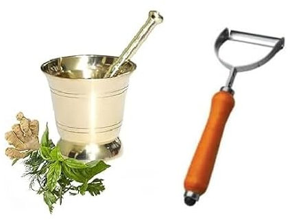BRACOP Mortar Pestle Set Of 2 Pcs Hamam Dasta Brass Vegetable Peeler Manual Grinder Bowl Handmade Indian Kitchen Tool For Grinding Spices, Herbs Pepper Ginger Garlic Masher Cooking Accessories
