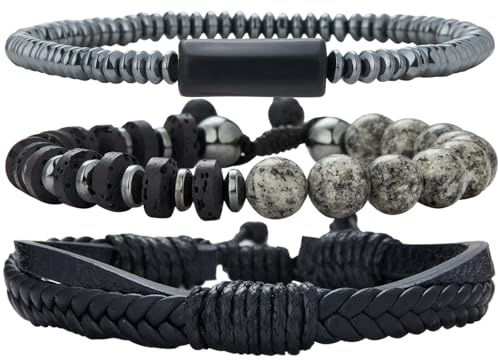 Dazylleco Bracciale Uomo Set Braccialetti in Pelle e Corda Intrecciata e Perline Bracciale Multistrato Regolabile Gioielli Regalo per Festa del Papà(82-Black Grey)