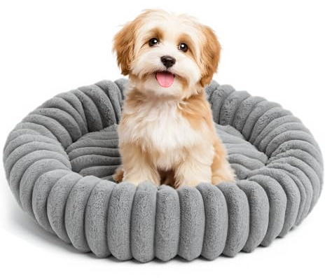 The Fellie Small Dog Bed, Calming Donut Dog Bed with Non-Slip Bottom, Soft Supportive Cat Beds for Indoor Cats, Washable Fluffy Cat Beds for Dogs Cats, Grey, 50X50cm
