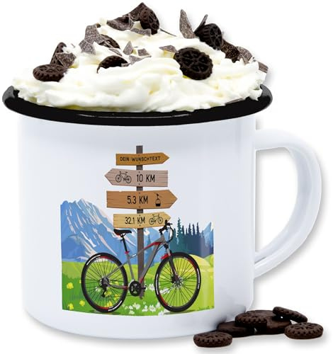 Emaille Tasse Blechtasse - Radsport - Fahrrad Geschenk Fahrradfahrer mit Wunschtext personalisiert I Fahrradtour Berge I Radfahrer Geschenke Fahrradfans I Bike Fans - 300 ml - Weiß Schwarz